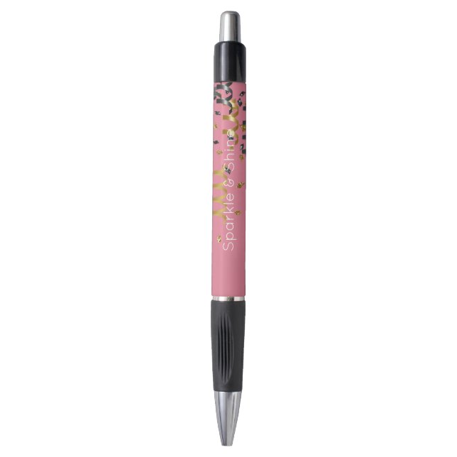 Bolígrafo Oro Rosa Confeti Negro (Frente vertical)