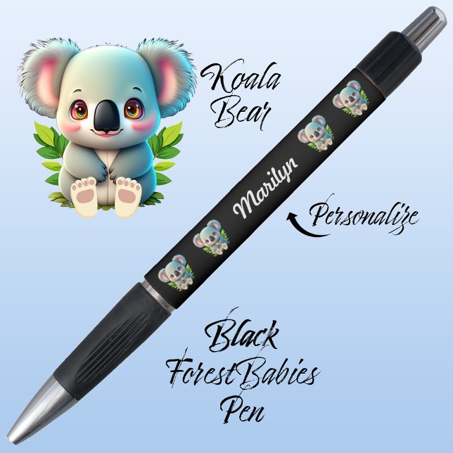 Bolígrafo Oso Koala, suave y caprichoso animal negro de la m (Cute Whimsical Koala Bear, Australian Animal Cartoon Graphic, Black Customizable ForestBabies Pen 🐨)