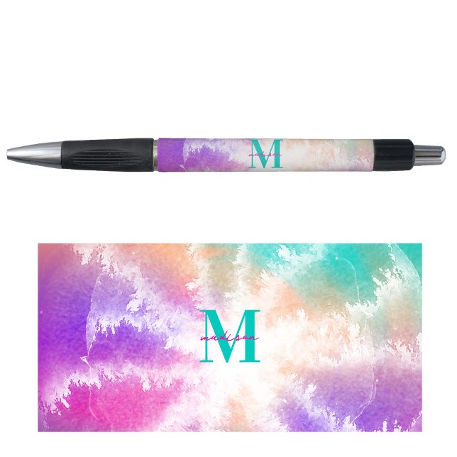 Bolígrafo Pastel de tinte rosado Naranja Verde azulado Monog (Tie Dye Pastel Pink Orange Teal Purple Monogram Pen)