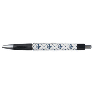 Bolígrafo Patrón azul oscuro Fleur De Lis sobre fondo blanco