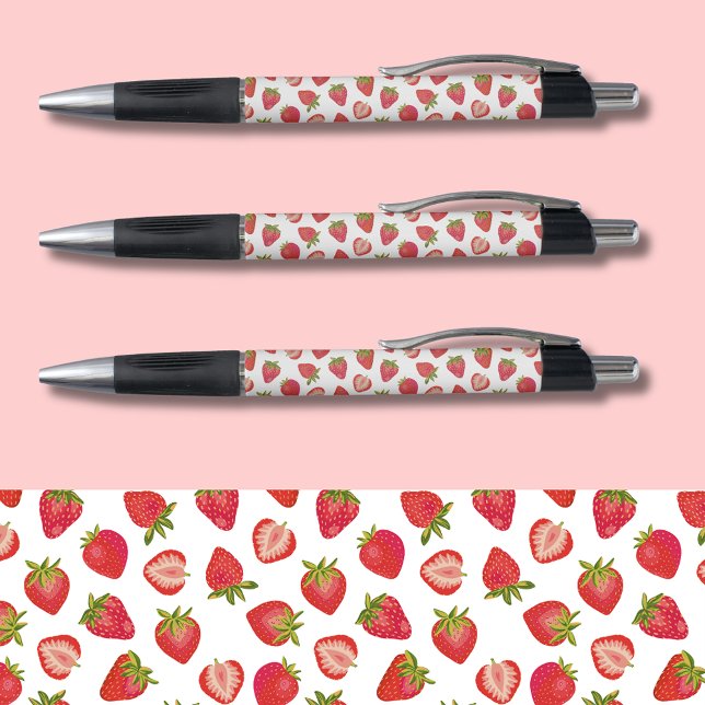 Bolígrafo Patrón de fresa (Strawberry pens; perfect for office, school or party favors. Original art illustration.)
