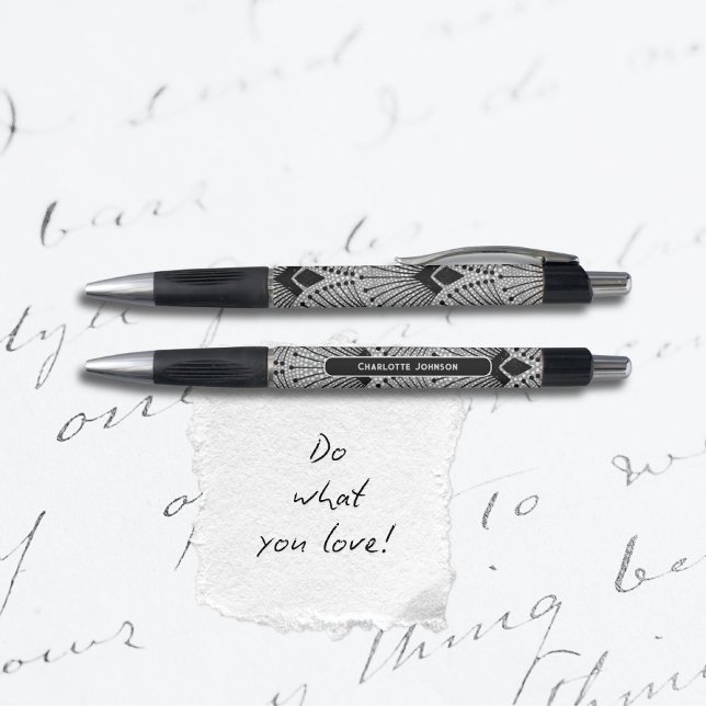 Bolígrafo Patrón de pavo real blanco negro gris Art Deco (Stylish Art Deco Gray Black White Peacock Pattern Pen ©Susanne Sachers - Sunny Mind 🌞)