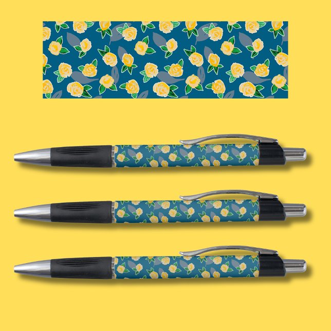 Bolígrafo Patrón Rosa floral amarillo (Pretty yellow rose design on teal blue background.  Original pattern illustration shown at the top.)