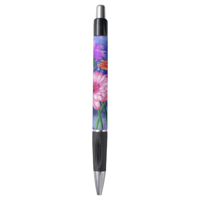 Bolígrafo Pluma con Gerberas de tres colores (Frente vertical)