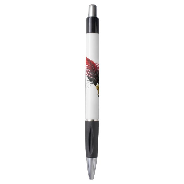 Bolígrafo Pluma de plumas rojas con nido de oro (Frente vertical)