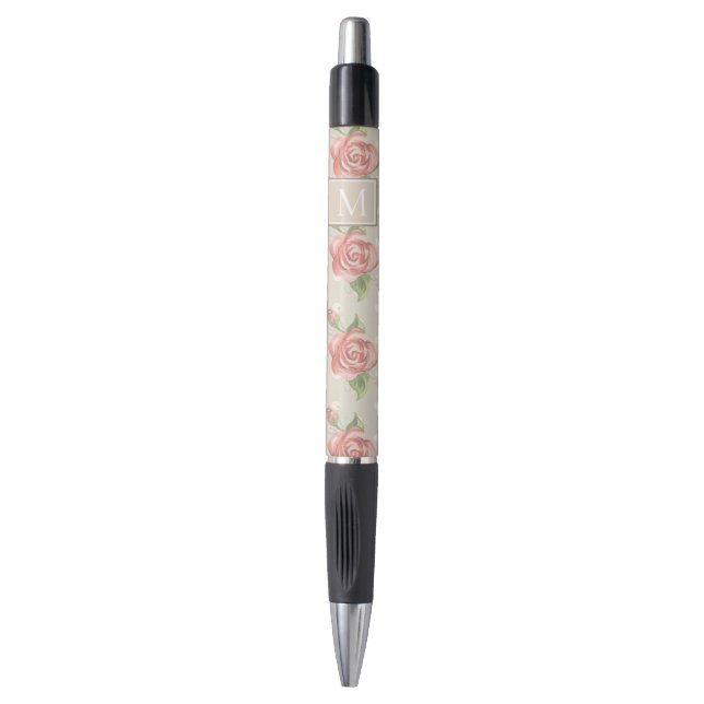 Bolígrafo Pretty Pink Roses and Dots Monogram (Frente vertical)