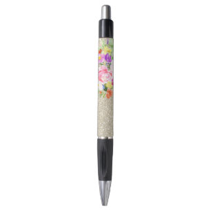Bolígrafo Púrpura Pink Floral Watercolor Dorado Sparkke