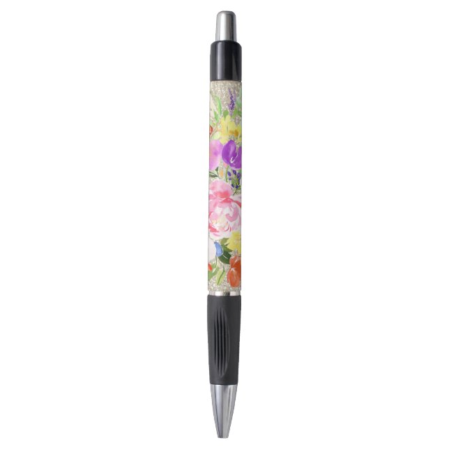 Bolígrafo Púrpura Pink Floral Watercolor Dorado Sparkke (Frente vertical)