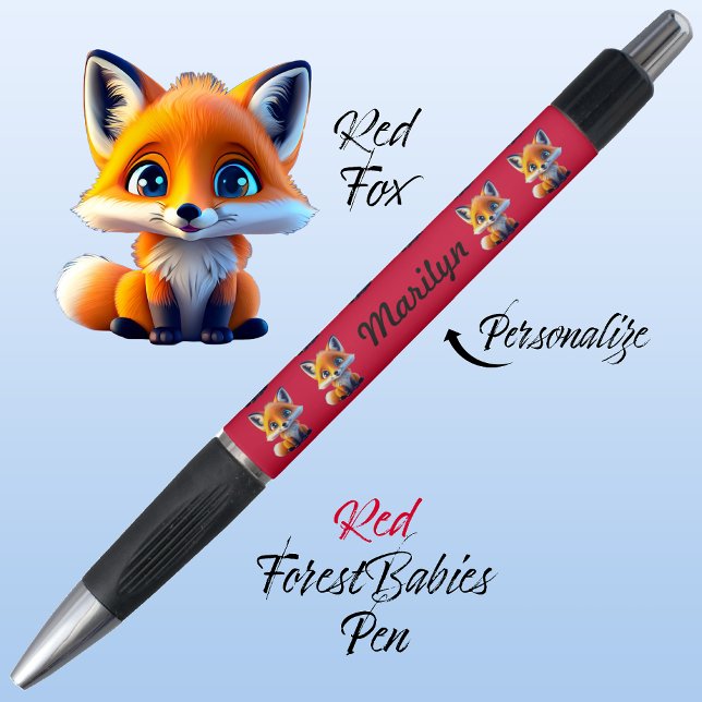 Bolígrafo Red Fox, Escuela Única para Niños Stationery Vibra (Cute Whimsical Red Fox Cartoon Graphic, red Personalizable ForestBabies Pen 🦊)