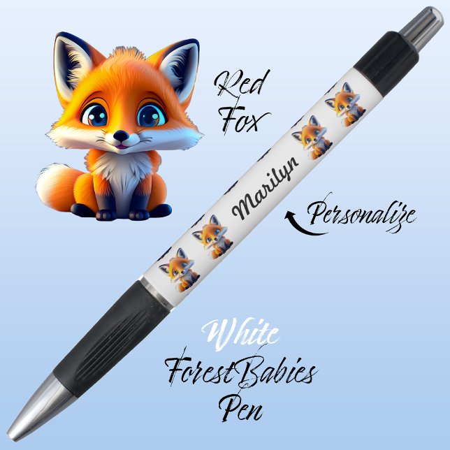 Bolígrafo Red Fox, Oficina de Animales de Fauna y Flora Silv (Cute Whimsical Red Fox Cartoon Graphic, White Personalizable ForestBabies Pen 🦊)