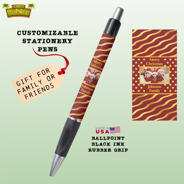 Bolígrafo Regalo de fotos de Navidades festivos, Navidad, ro (Festive Christmas Family Photo Stationery Gift, Xmas Holiday Red & Gold ForestBabies Ink Pen 🎁)