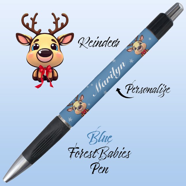 Bolígrafo Resto de los renos lindo divertido venado de Navid (Cute Whimsical Reindeer  Deer Antler Animal Cartoon Graphic, Blue Customizable ForestBabies Pen 🦌)