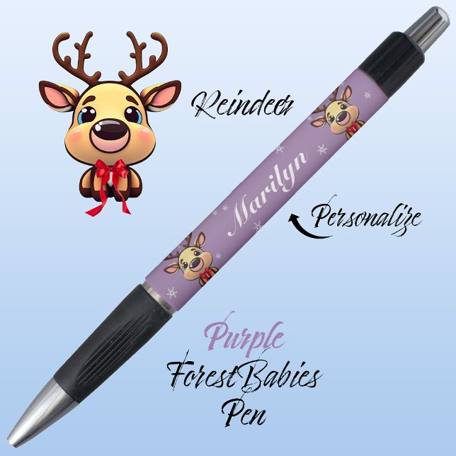 Bolígrafo Resto de los renos lindo divertido venado de Navid (Cute Whimsical Reindeer  Deer Antler Animal Cartoon Graphic, Purple Customizable ForestBabies Pen 🦌)