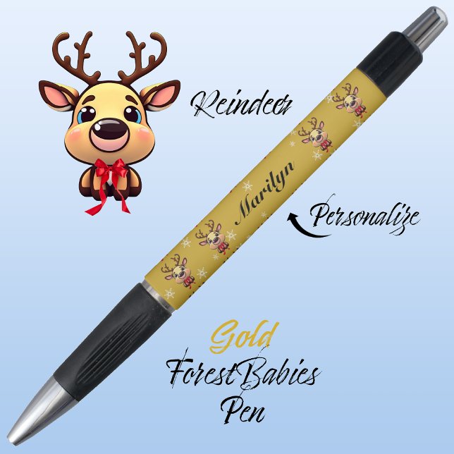 Bolígrafo Resto, lindo, gracioso ciervo de Navidad con Antle (Cute Whimsical Reindeer  Deer Antlers Animal Cartoon Graphic, Gold Customizable ForestBabies Pen 🦌)