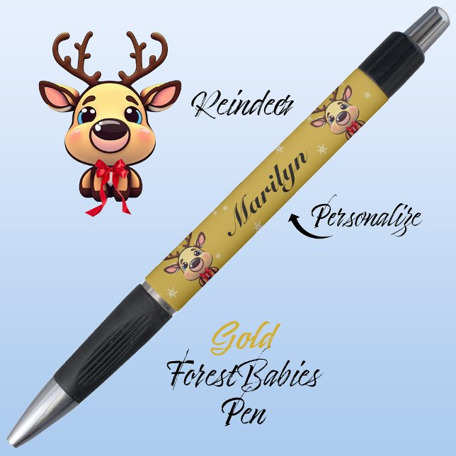 Bolígrafo Resto, lindo, gracioso ciervo de Navidad con Antle (Cute Whimsical Reindeer  Deer Antler Animal Cartoon Graphic, Gold Customizable ForestBabies Pen 🦌)