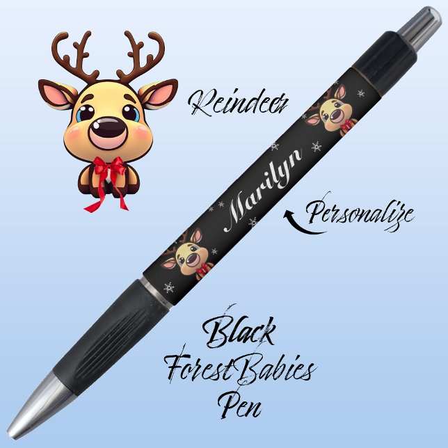 Bolígrafo Resto, lindo, gracioso ciervo de Navidad con Antle (Cute Whimsical Reindeer  Deer Antler Animal Cartoon Graphic, Black Customizable ForestBabies Pen 🦌)