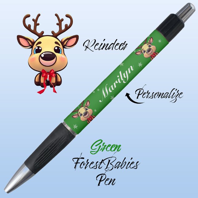 Bolígrafo Resto, lindo, gracioso ciervo de Navidad con Antle (Cute Whimsical Reindeer  Deer Antler Animal Cartoon Graphic, Green Customizable ForestBabies Pen 🦌)