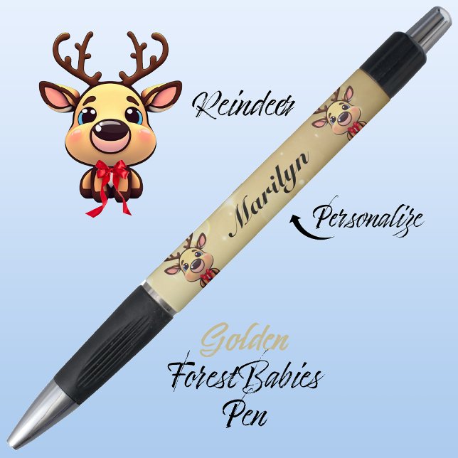 Bolígrafo Resto, lindo, gracioso ciervo de Navidad con Antle (Cute Whimsical Reindeer  Deer Antler Animal Cartoon Graphic, Gold Customizable ForestBabies Pen 🦌)