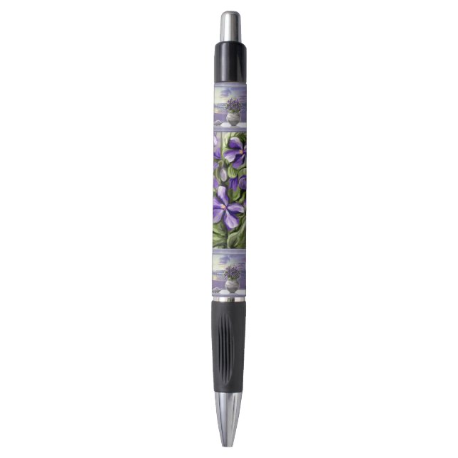 Bolígrafo violetas en tarro lunar (Frente vertical)
