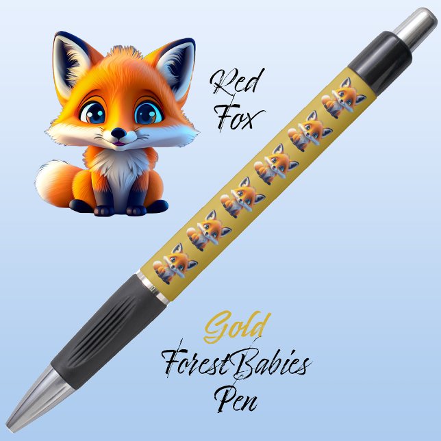 Bolígrafo Zorro Rojo, singular y caprichosa medalla de oro (Cute Whimsical Red Fox Cartoon Graphic, gold ForestBabies Pen 🦊)