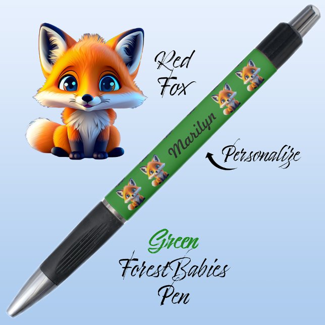 Bolígrafo Zorro Rojo, Verde Forestal Singular (Cute Whimsical Red Fox Cartoon Graphic, green Personalizable ForestBabies Pen 🦊)