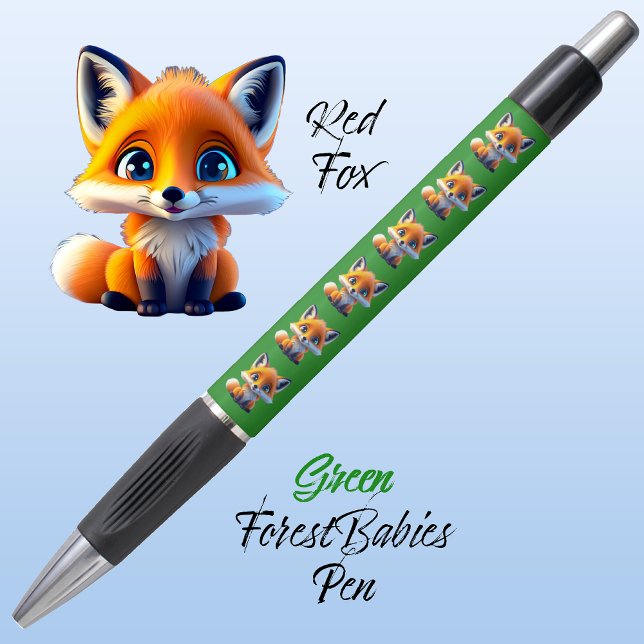 Bolígrafo Zorro Rojo, Verde Forestal Singular (Cute Whimsical Red Fox Cartoon Graphic, green  ForestBabies Pen 🦊)