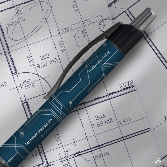 Bolígrafos de Networking Personalizados (Custom business pen with website & phone on blueprint—perfect for networking events & branding)