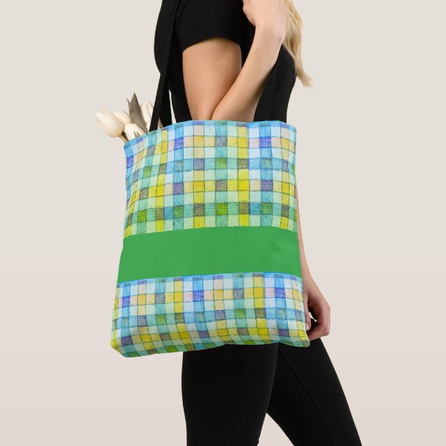 Bolsa azul verde de gingham Tote (Detalle)