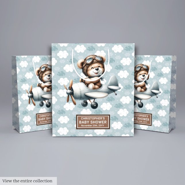 Bolsa Baby Shower personalizada con piloto de oso  (Personalized Baby Shower Bag With Blue Bear Pilot)