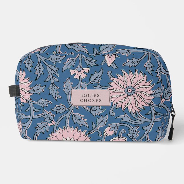 Bolsa cosmética estilo bloque de mano floral azul (Anverso)