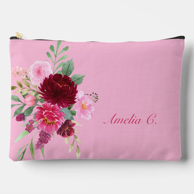Bolsa cosmética floral rosa de bonito (Anverso)