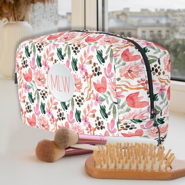 Bolsa cosmética monogramada de floral rosa (Pink Floral Monogrammed Cosmetic Bag)