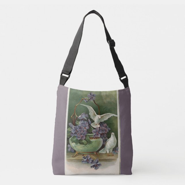 Bolsa cruzada de flores moradas y palomas (Anverso)