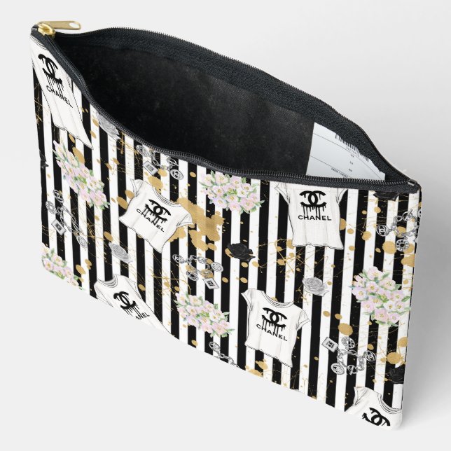 Bolsa de accesorios de moda con rayas negras y bla (Abierto)