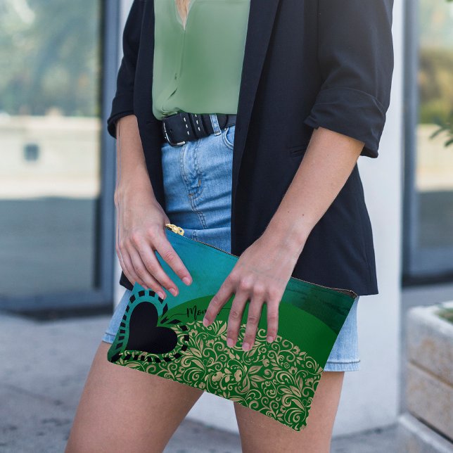 Bolsa de accesorios floral chic verde azul acuátic (Aqua Blue Green Chic Floral Heart Accessory Pouch, green shirt
)