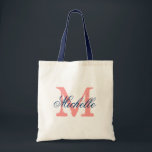Bolsa de algodón con boda de color coral y azul ma<br><div class="desc">Bolsa de algodón con boda coral y azul marino con monograma personalizado. Diseño de estilo vintage. Haz una para damas de honor,  chicas de flores,  criada de honor,  madre de la novia,  etc. Texto de guión elegante para el nombre.</div>
