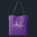 Bolsa de algodón púrpura extra grande con monogram<br><div class="desc">Bolsa de tetas púrpura extra grande con monograma de moda. Elegante bolso monogramado de hombro para compras,  comestibles,  oficina,  libros,  deportes,  boda y más. Plantilla de diseño de tipografía clásica morada y blanca. Doble cara por toda la impresión con mangos negros. Moda Ideas de regalo de cumpleaños para mujeres.</div>
