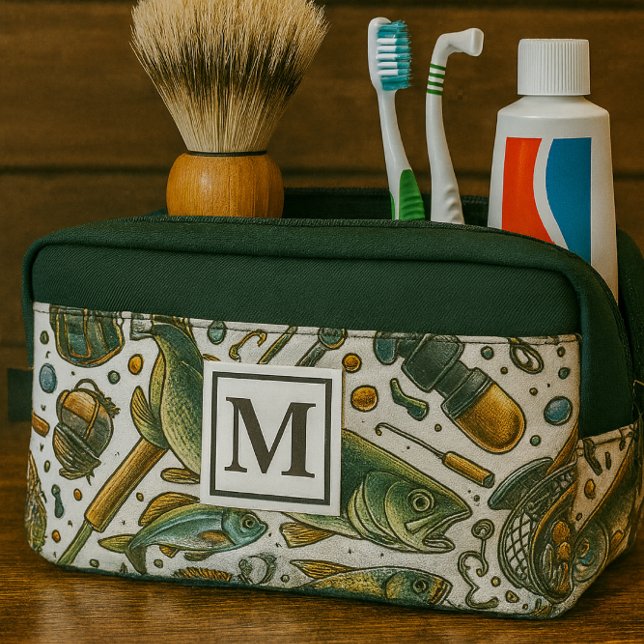 Bolsa de artículos de tocador para pescadores de m (Travel size toiletry bag for men with fishing print and monogram. Great gift idea )