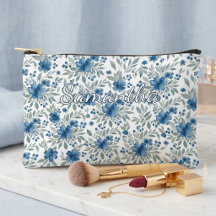 Bolsa de aseo floral azul y verde salvia chic