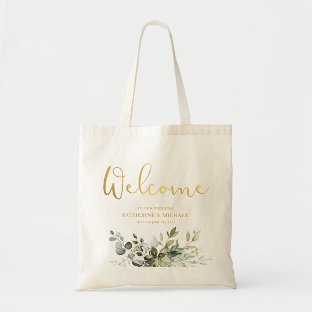 Bolsa de bienvenida de boda con follaje verde (Frente)