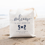 Bolsa de bienvenida de Boda de caballito de mar de<br><div class="desc">Bienvenidos a su boda de verano o a su boda de destino con estas preciosas y modernas bolsas de té personalizadas. En verano, el diseño costero presenta "bienvenido a nuestro boda" en un guión moderno de caligrafía manuscrita azul marino, con espacio para personalizar con sus nombres y fecha. Un par...</div>