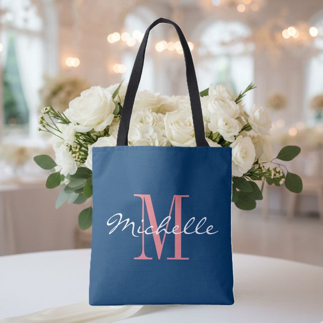 Bolsa de boda toscópica con monograma azul coral y (Wedding tote with monogram)