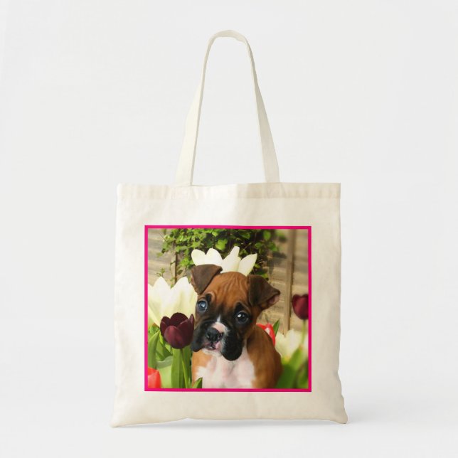 Bolsa de cachorro boxer en tulipanes (Frente)
