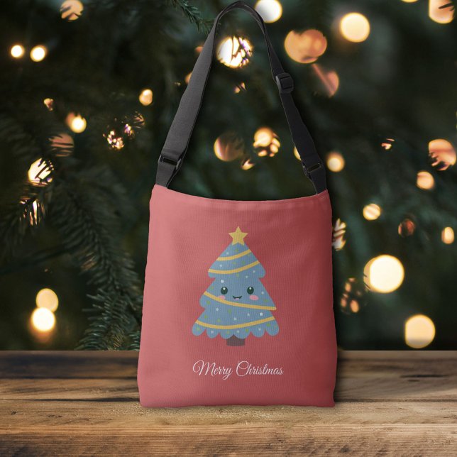 Bolsa de cadáveres rojos con árbol de Navidad kawa (Red Crossbody Bag with Kawaii Christmas Tree )