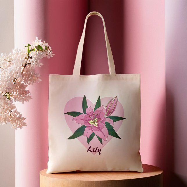 Bolsa de comestibles de corazón dulce Lily Bloomin (Pink Blooming Lily Sweet Heart Grocery Bag)