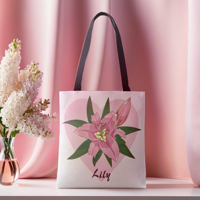 Bolsa de comestibles de corazón dulce Lily Bloomin (Pink Blooming Lily Sweet Heart Grocery Bag)