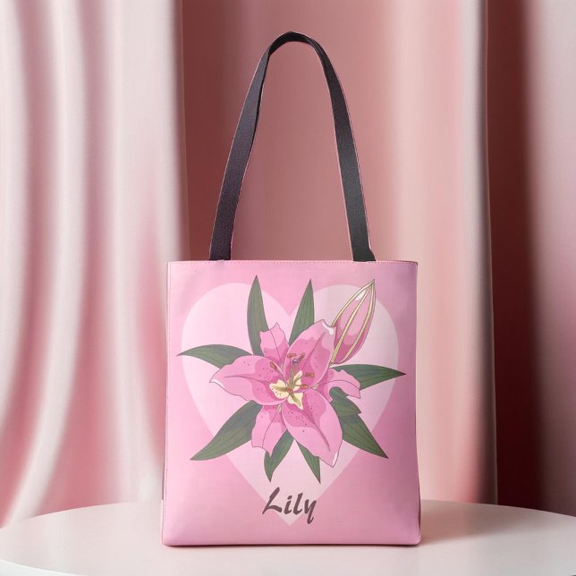 Bolsa de comestibles de corazón dulce Lily Bloomin (Pink Blooming Lily Sweet Heart Grocery Bag)
