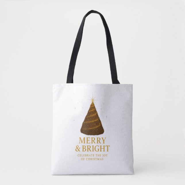 Bolsa de compras de Navidad dorada 'Merry & Bright (Anverso)
