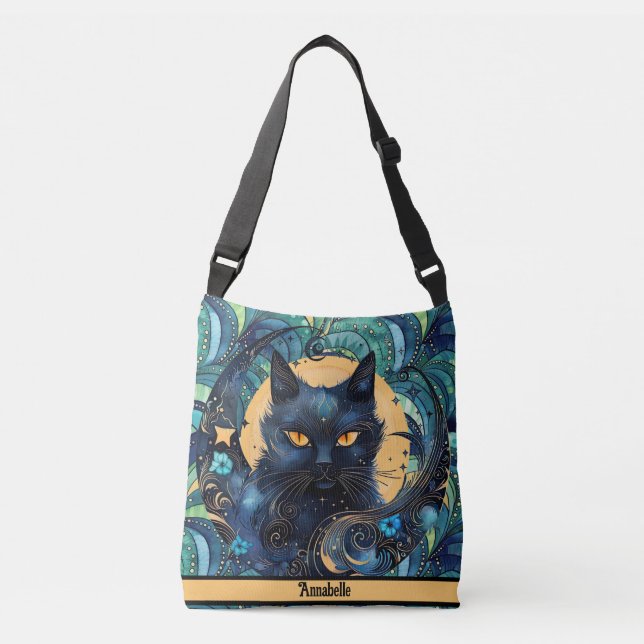 Bolsa de crossbody para gato negro y luna celeste (Anverso)