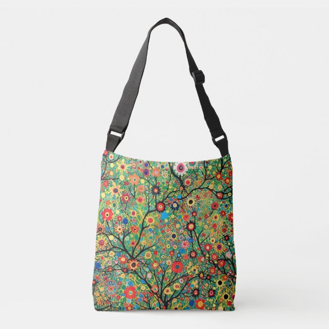 Bolsa de cuerpo cruzado, árbol y flores, boho (Anverso)